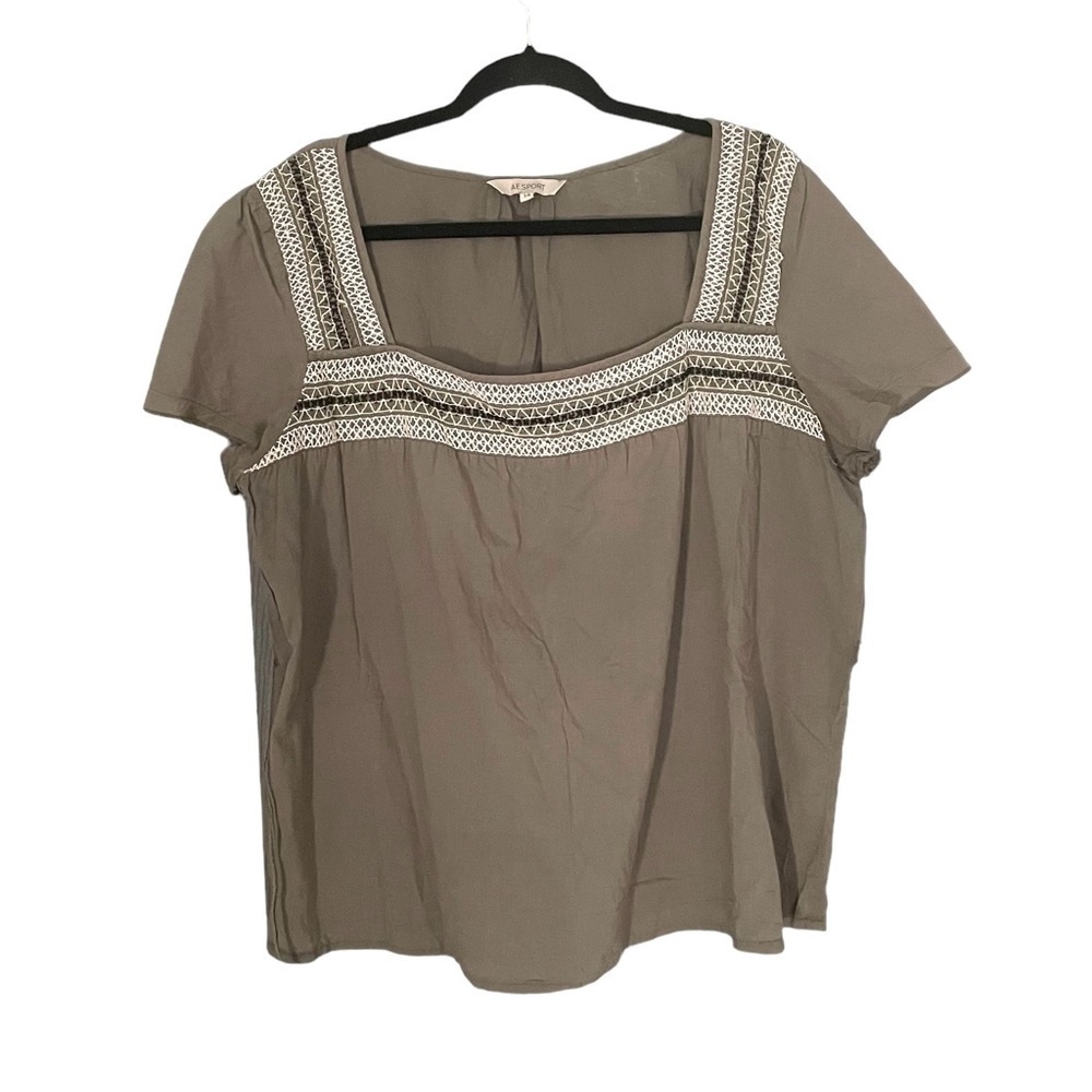 AE SPORT Cotton Embroidered Square Neck Short Sleeve Blouse Olive Green 14 - Picture 5 of 9